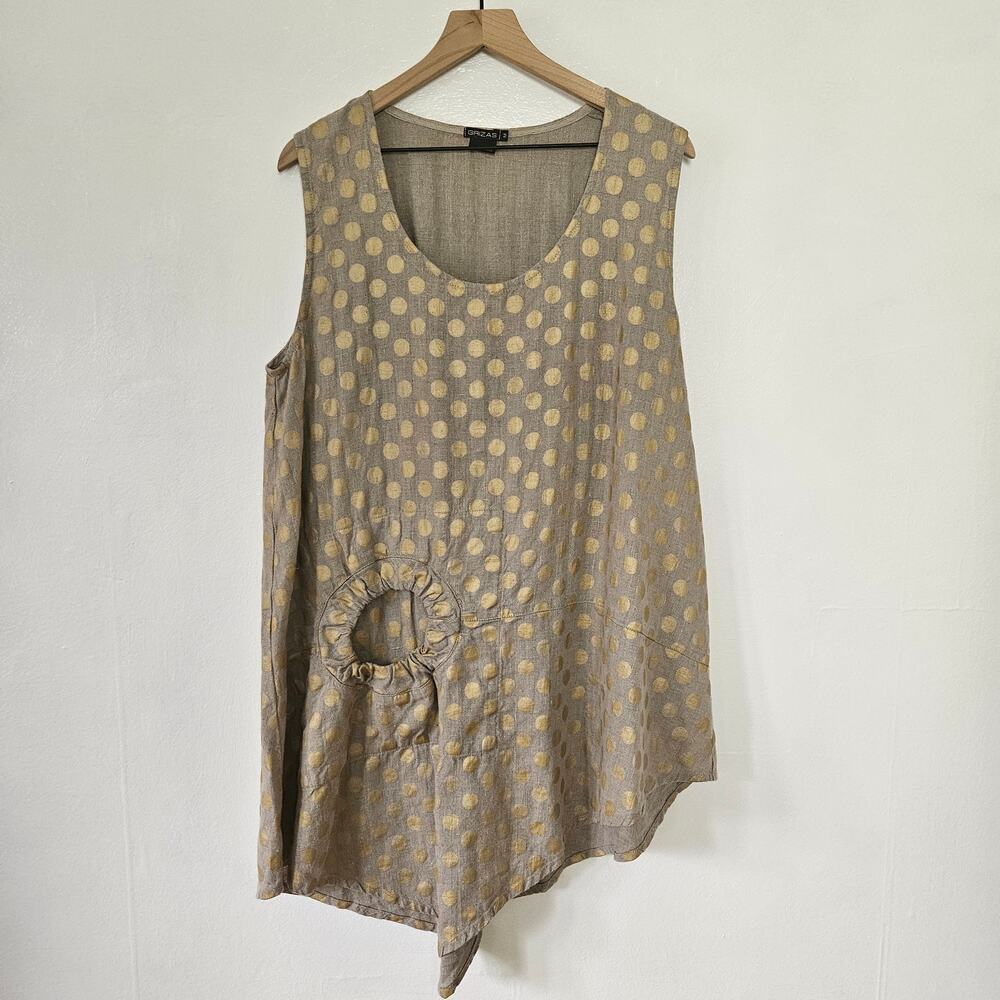 Grizas Linen‎ Sleeveless Tunic Top M Natural Beige Gold Dot Circle Pocket